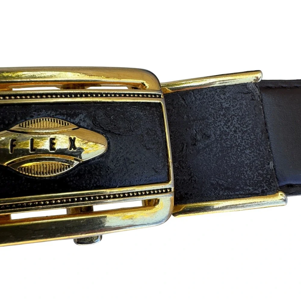 Flex Mens Vintage Ratchet Belt Dark Brown‎ Genuine Leather Gold Buckle Made USA